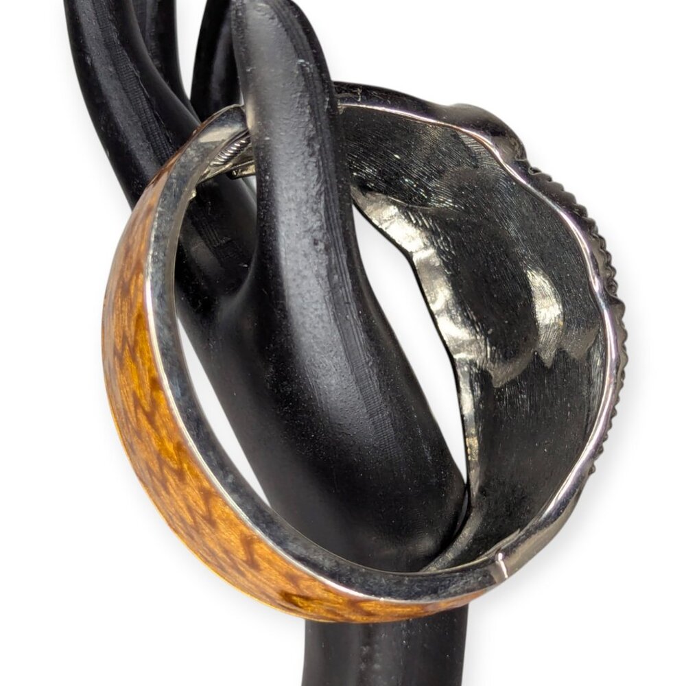 Wide Owl Cuff Silver Tone & Brown Accent Bangle Bracelet Hinged Fashion Jewelry - Picture 2 of 11